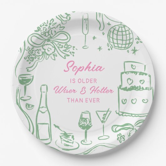 Hand getrokken Coquette Wiser en Hotter Verjaardag Papieren Bordje (Voorkant)