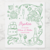 Hand getrokken Coquette Wiser en Hotter Verjaardag Wijn Etiket (Enkel label)