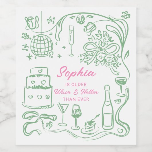 Hand getrokken Coquette Wiser en Hotter Verjaardag Wijn Etiket (Enkel label)