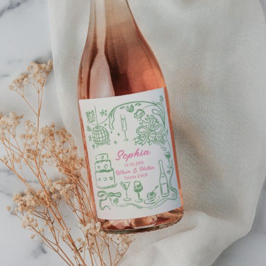 Hand getrokken Coquette Wiser en Hotter Verjaardag Wijn Etiket