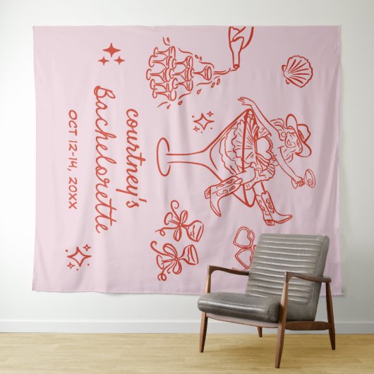 Hand getrokken Cowgirl Bachelorette Weekend Wandkleed (In Situ (horizontaal))