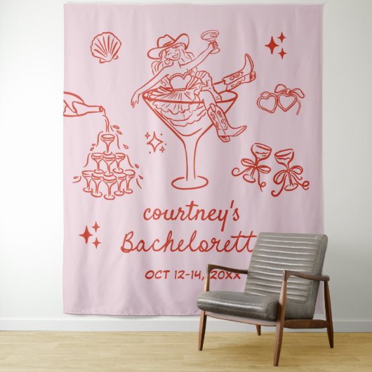 Hand getrokken Cowgirl Bachelorette Weekend Wandkleed (In situ)