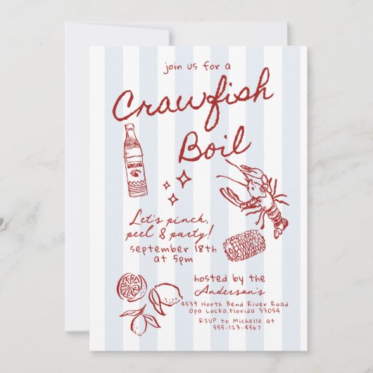 Hand getrokken Crawfish Boil Seafood Boil Party Kaart (Voorkant)