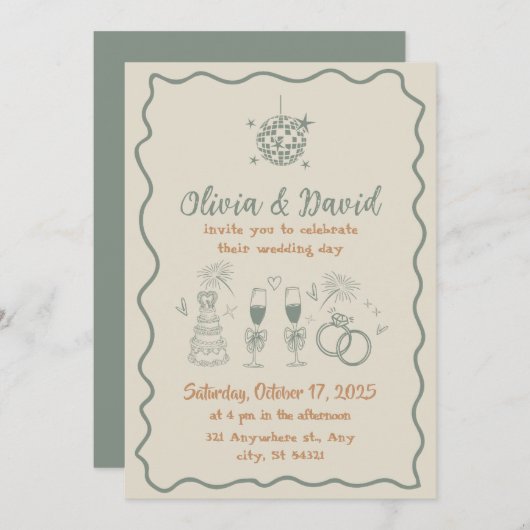 Hand getrokken crème en groene kronkelende lijnen kaart (Voorkant / Achterkant)