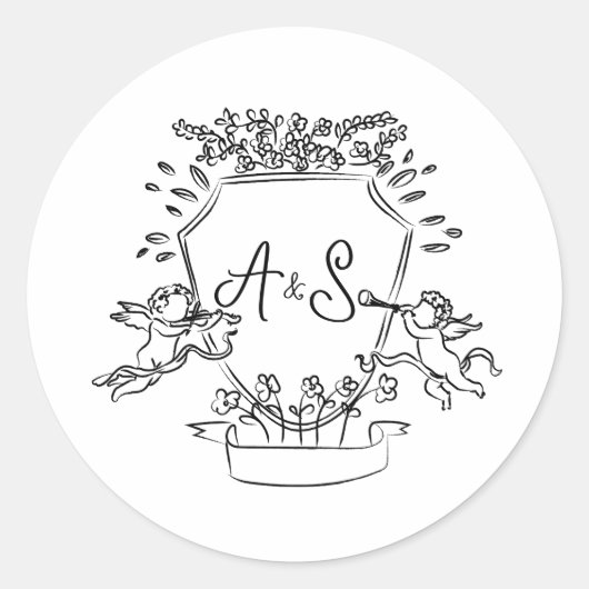 Hand getrokken Crest Monogram Trouwcirkel Ronde Sticker (Voorkant)