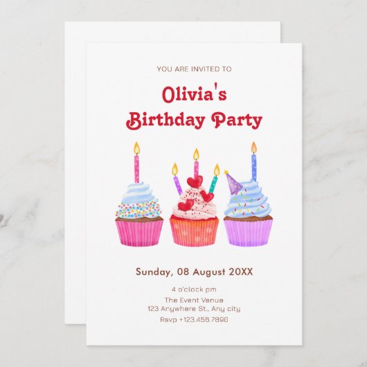 Hand getrokken cupcakes kaarslicht verjaardag kaart (Voorkant / Achterkant)