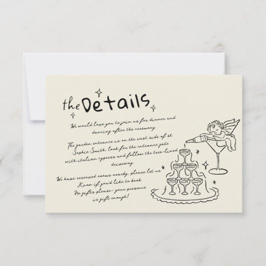 Hand getrokken Cupido bruiloft details behuizing k RSVP Kaartje (Voorkant)