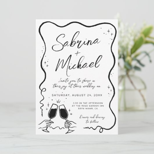 Hand getrokken Curvy Whimsical Zwart-wit bruiloft Kaart (Staand voorkant)