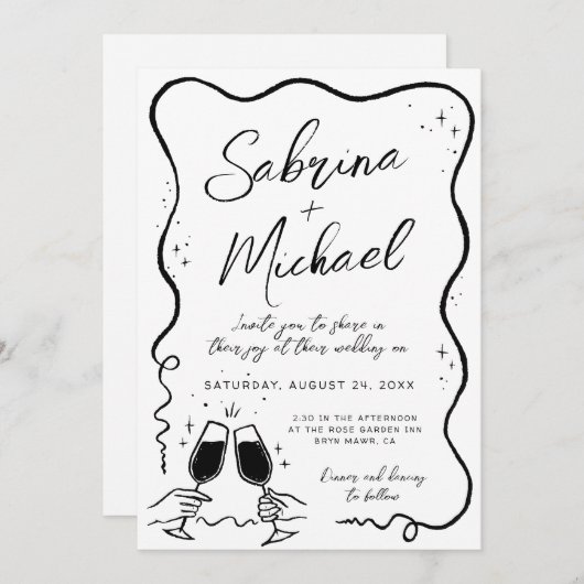 Hand getrokken Curvy Whimsical Zwart-wit bruiloft Kaart (Voorkant / Achterkant)