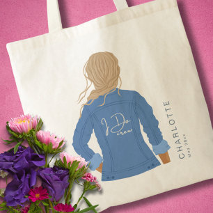 Hand getrokken denim jas blond haar ik doe bemanni tote bag
