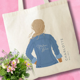 Hand Getrokken Denim Jas Blond Haar Matron van Eer Tote Bag