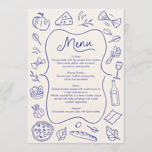 Hand getrokken diner menu Italiaans Blauw (Voorkant)