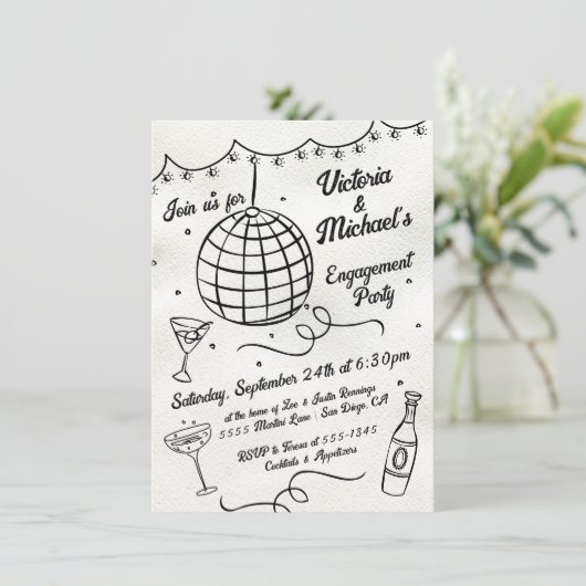 Hand getrokken disco bal funky verlovingsfeest kaart (Staand voorkant)