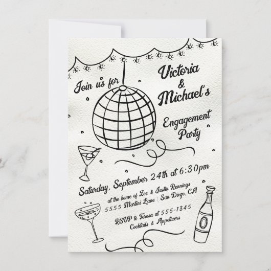 Hand getrokken disco bal funky verlovingsfeest kaart (Voorkant)