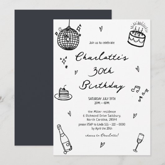 Hand getrokken discobal 30e verjaardag kaart (Voorkant / Achterkant)