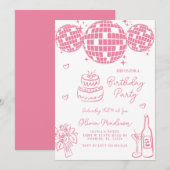 Hand getrokken discobal champagne verjaardagsfeest kaart (Voorkant / Achterkant)