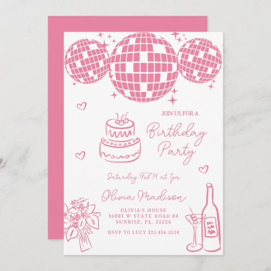 Hand getrokken discobal champagne verjaardagsfeest kaart (Voorkant / Achterkant)
