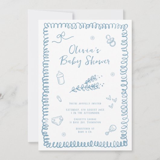Hand getrokken Doodle blauw Baby shower Kaart (Voorkant)