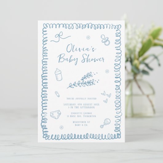 Hand getrokken Doodle blauw Baby shower Kaart (Staand voorkant)