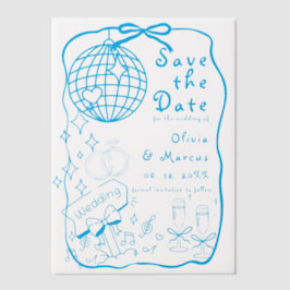 Hand getrokken Doodle Blue Wedding Bewaar de datum Vellum Uitnodigingen