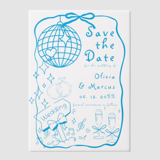 Hand getrokken Doodle Blue Wedding Bewaar de datum Vellum Uitnodigingen (Voorkant)