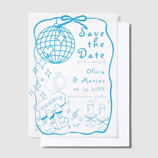 Hand getrokken Doodle Blue Wedding Bewaar de datum Vellum Uitnodigingen (Offset)