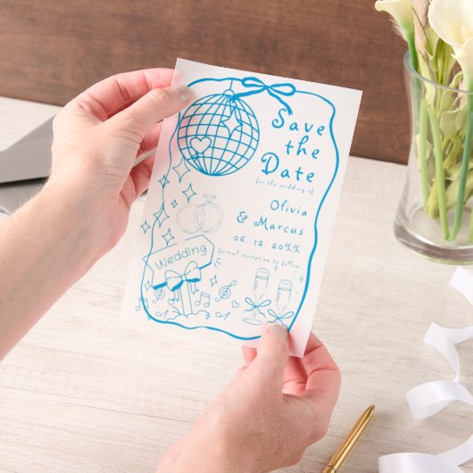 Hand getrokken Doodle Blue Wedding Bewaar de datum Vellum Uitnodigingen (Draagbaar)