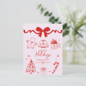 Hand getrokken Doodle Boog Rood Roze Kerstmis Feestdagenkaart (Staand voorkant)
