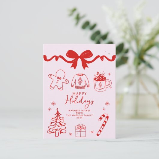Hand getrokken Doodle Boog Rood Roze Kerstmis Feestdagenkaart (Staand voorkant)