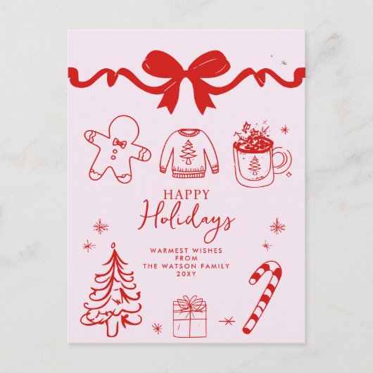 Hand getrokken Doodle Boog Rood Roze Kerstmis Feestdagenkaart (Voorkant)