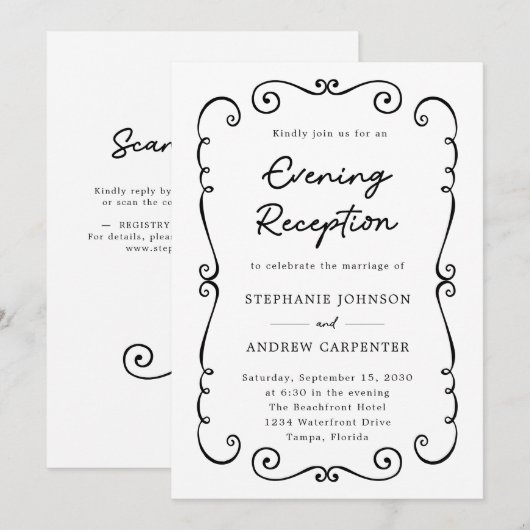 Hand getrokken Doodle Border Avond Huwelijksrecept Kaart (Voorkant / Achterkant)