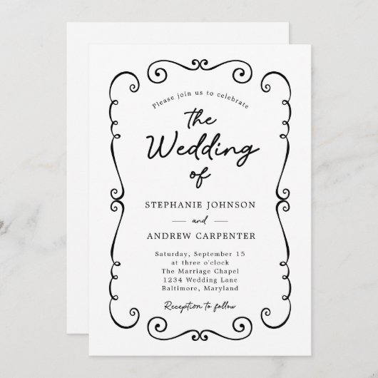 Hand getrokken Doodle Border QR Code Bruiloft Kaart (Voorkant / Achterkant)