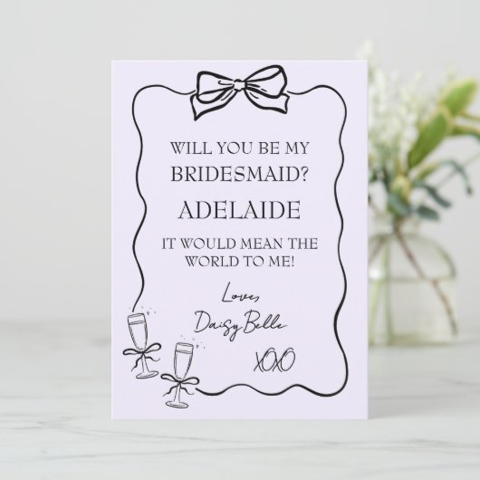 Hand getrokken Doodle bruidsmeisje voorstel Paarse Kaart (Staand voorkant)