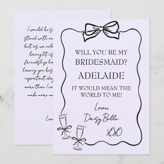 Hand getrokken Doodle bruidsmeisje voorstel Paarse Kaart (Voorkant / Achterkant)