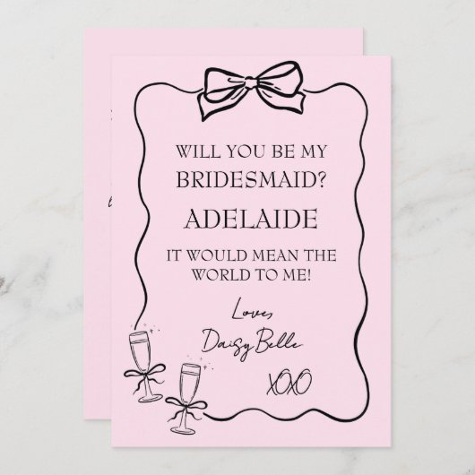 Hand getrokken Doodle Bruidsmeisje voorstel Roze Kaart (Voorkant / Achterkant)