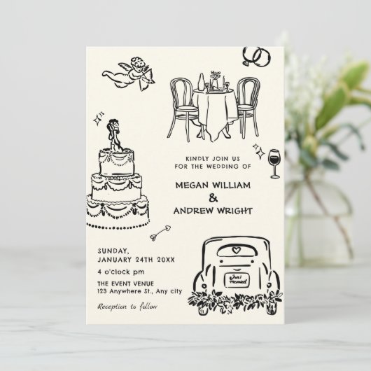 Hand getrokken doodle bruiloft kaart (Staand voorkant)