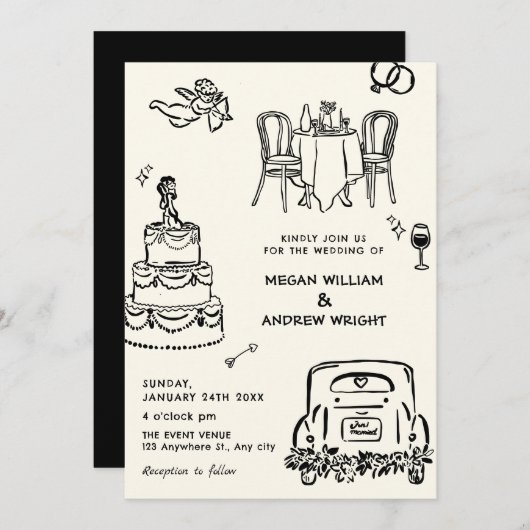 Hand getrokken doodle bruiloft kaart (Voorkant / Achterkant)