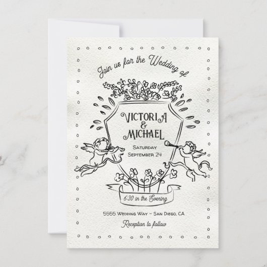 Hand getrokken Doodle Cherub Cupid Crest Bruiloft Kaart (Voorkant)