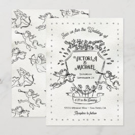 Hand getrokken Doodle Cherub Cupid Crest Bruiloft Kaart