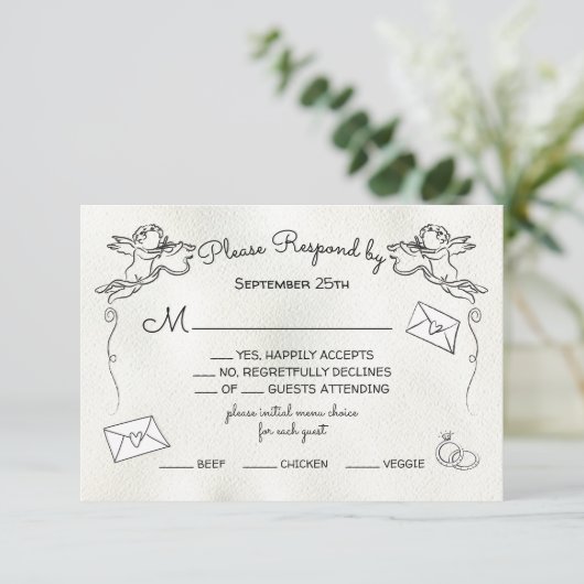Hand getrokken doodle Cherub Cupid RSVP Kaart (Staand voorkant)