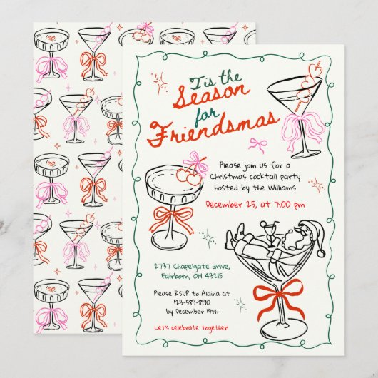 Hand getrokken Doodle Christmas Cocktail Party Kaart (Voorkant / Achterkant)