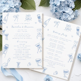 Hand getrokken Doodle Dusty Blue Wedding Programma Programmakaart
