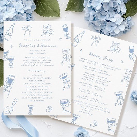 Hand getrokken Doodle Dusty Blue Wedding Programma Programmakaart