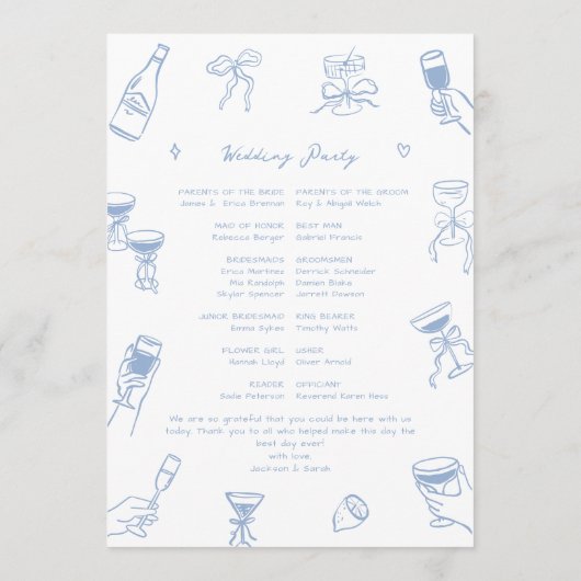 Hand getrokken Doodle Dusty Blue Wedding Programma Programmakaart (Achterkant)