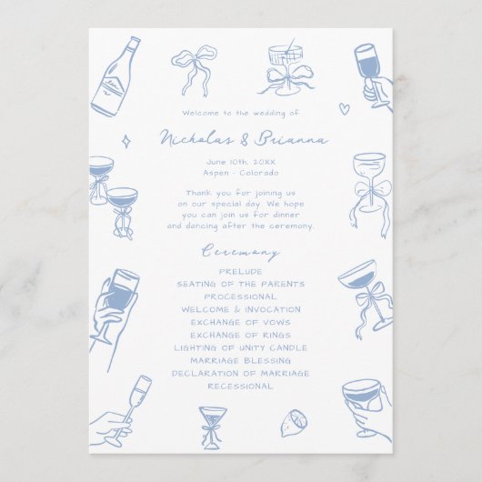 Hand getrokken Doodle Dusty Blue Wedding Programma Programmakaart (Voorkant)