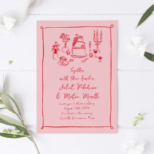 Hand getrokken Doodle eten en Drink Roze-rode brui Kaart