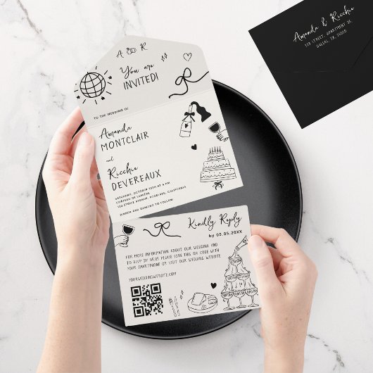 Hand getrokken Doodle Franse QR Code Huwelijk All In One Uitnodiging