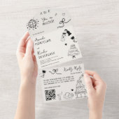 Hand getrokken Doodle Franse QR Code Huwelijk All In One Uitnodiging (Afscheurbaar)