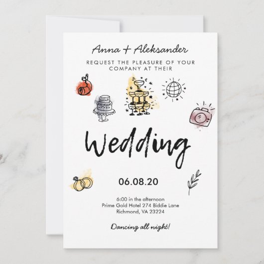 Hand getrokken Doodle Fun Funky Fotobruiloft Kaart (Voorkant)