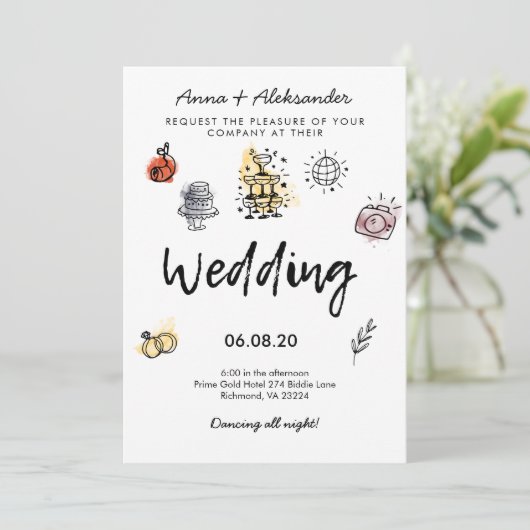 Hand getrokken Doodle Fun Funky Fotobruiloft Kaart (Staand voorkant)